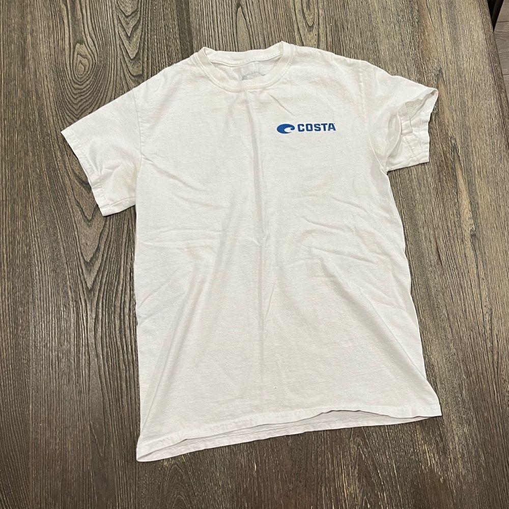 Costa Short Sleeve T-Shirt Logo Print Crew Neck Cotton Pullover White Small